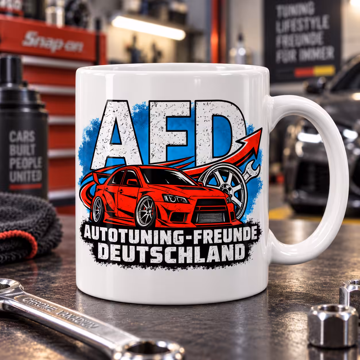 Autotuning-Freunde Deutschland Tasse 330 ml – Tuning Auto Geschenk Satire 4 Autotuning Keramiktasse – rotes Auto Felge Schraubenschlüssel