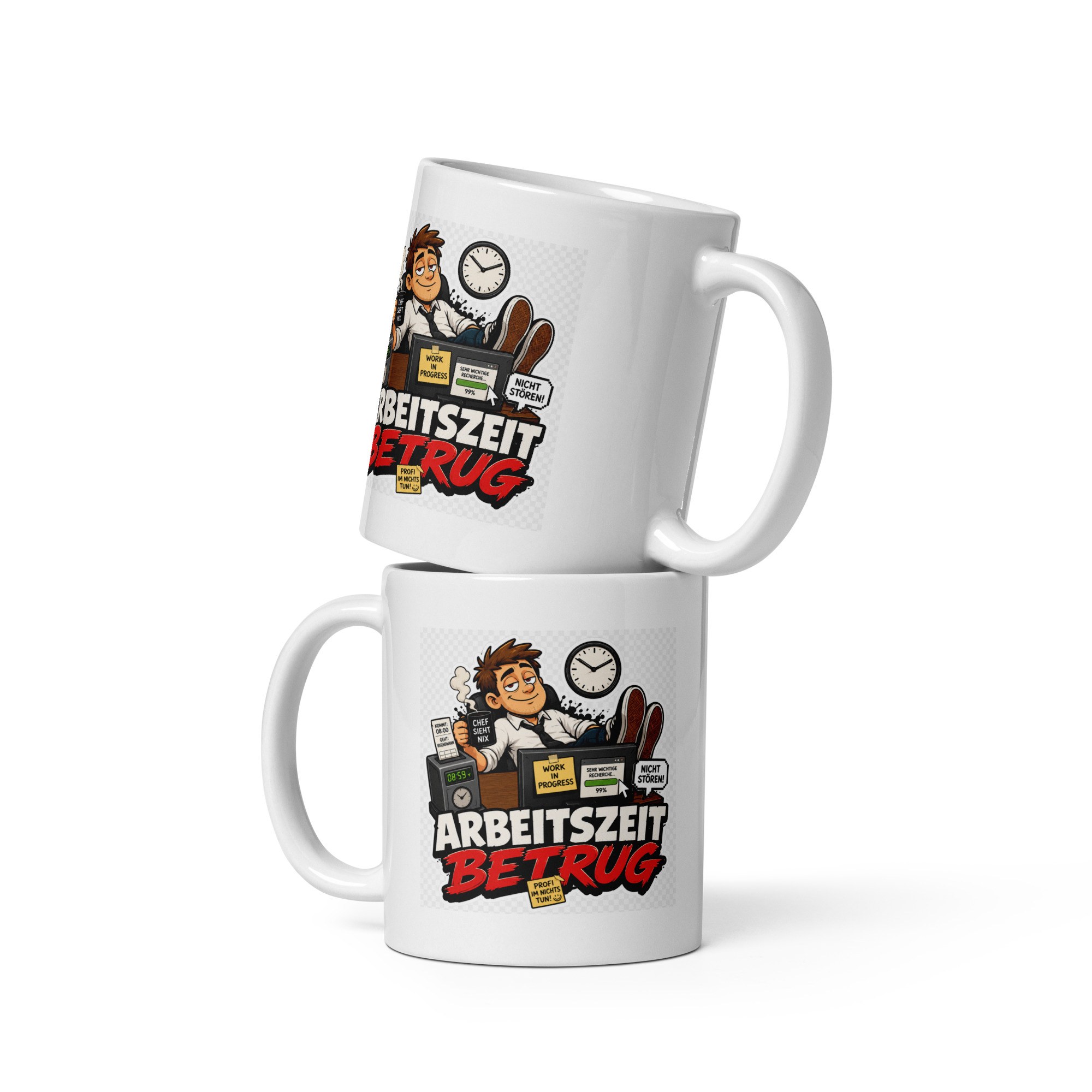 Arbeitszeitbetrug Tasse 330 ml Bürohumor Keramik Becher 2 Arbeitszeitbetrug Keramiktasse mit Bürohumor Motiv Seitenansicht