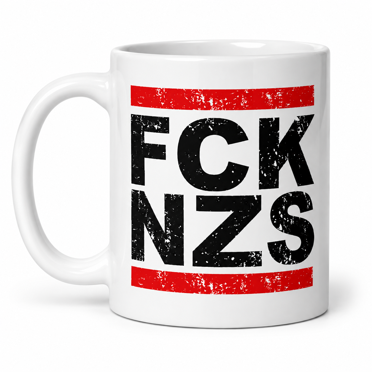 FCK NZS Tasse 330 ml – Keramiktasse gegen Rechtsextremismus – beidseitig bedruckt 3 FCK NZS Tasse 330 ml – Henkel links